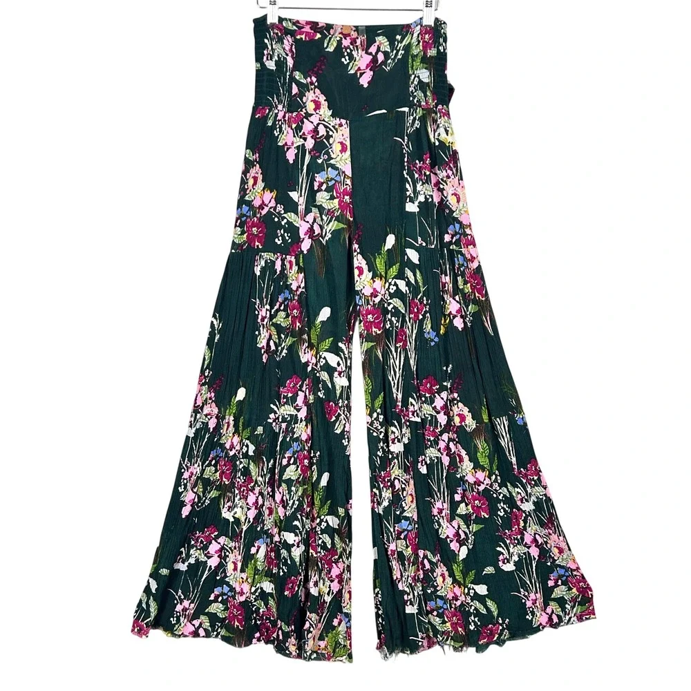 Free People FP One Floral Wide Leg Pants Green Womens Small Boho Gauze Palazzo